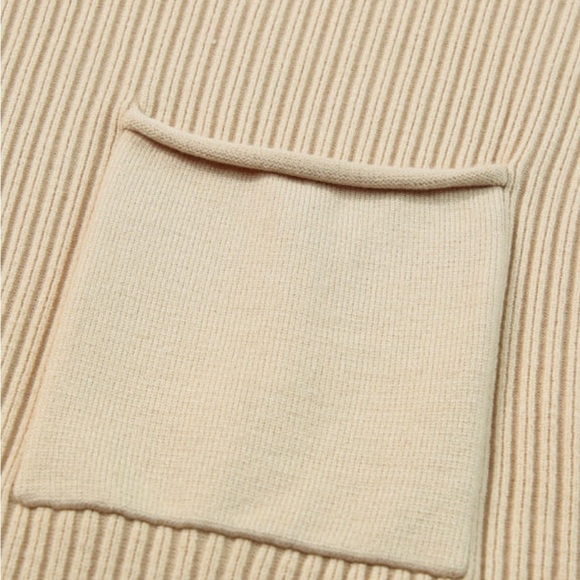 Oatmeal Tan Ribbed Short Sleeve Ribbed Lightweight Sweater Top, High Collar - Picture 8 of 10